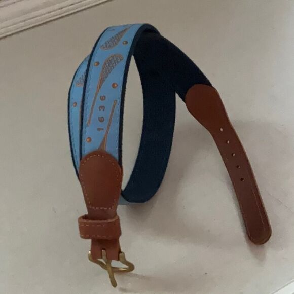 Preston leather buckle belt with Native American LACROSSE STICKS NWOT 28 - Picture 1 of 6
